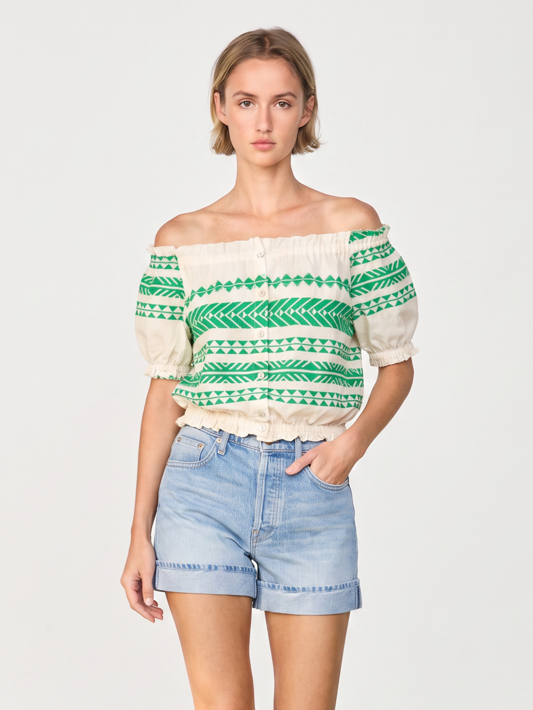 Nola Off-the-Shoulder Cropped Button-Down Boho Top