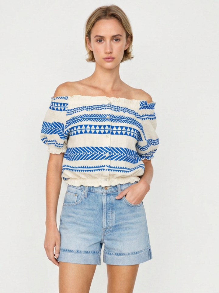 Nola Off-the-Shoulder Cropped Button-Down Boho Top