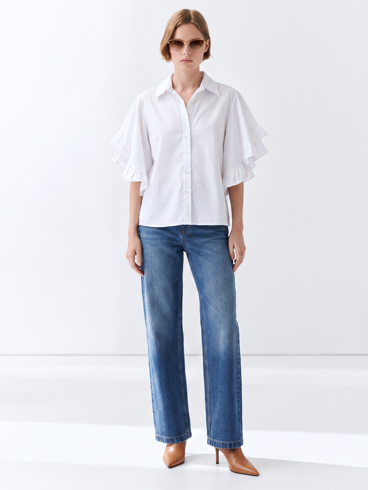 PANAMA RUFFLED FLARE-SLEEVE button down  COTTON BLOUSE