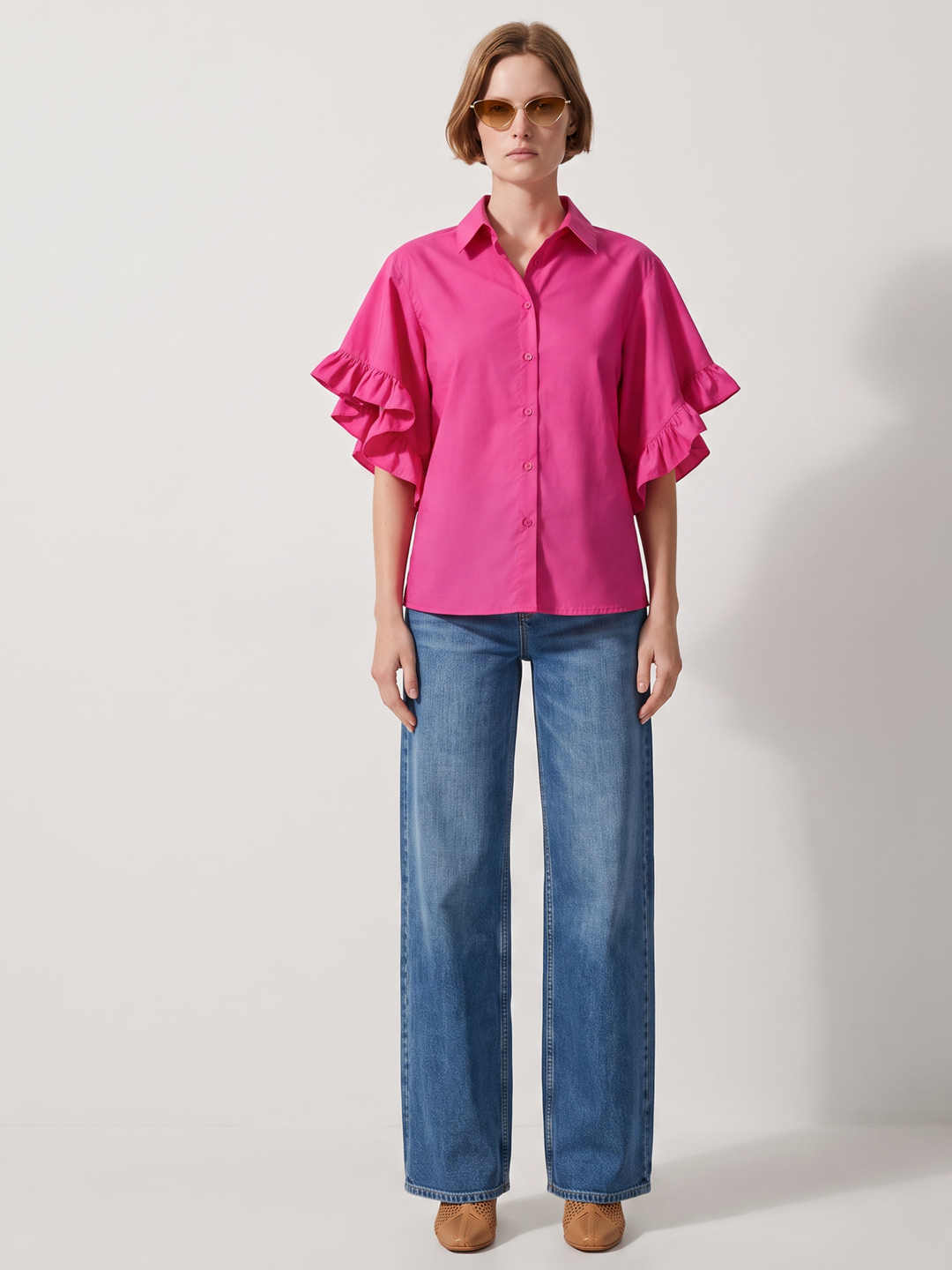 PANAMA RUFFLED FLARE-SLEEVE button down  COTTON BLOUSE