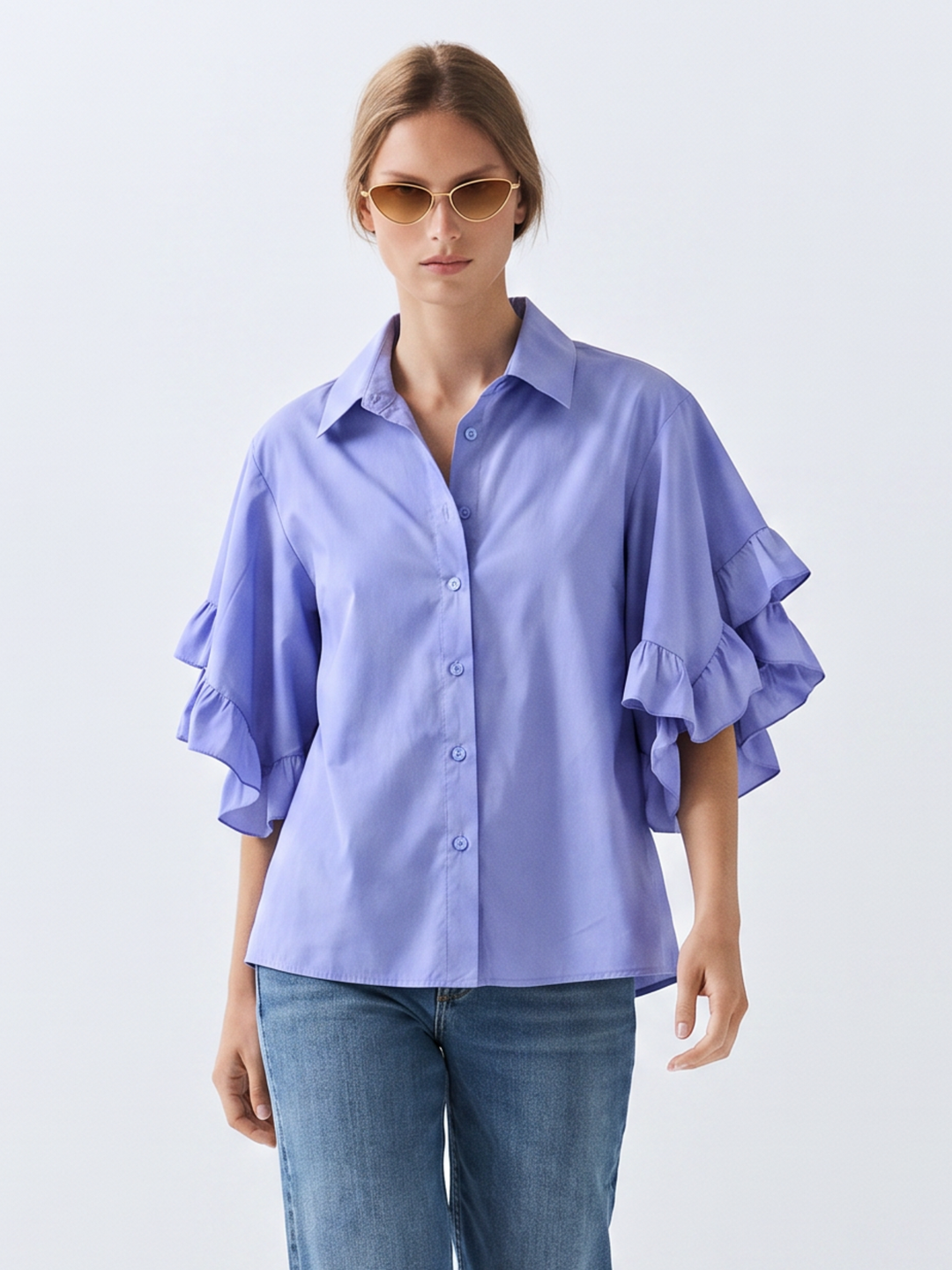 PANAMA RUFFLED FLARE-SLEEVE button down  COTTON BLOUSE