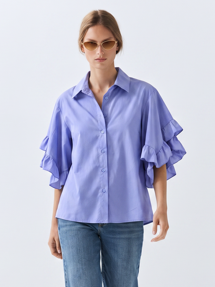 PANAMA RUFFLED FLARE-SLEEVE button down  COTTON BLOUSE