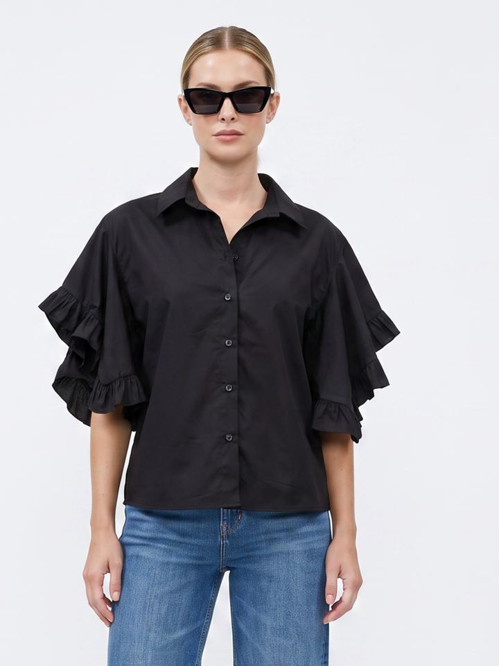 PANAMA RUFFLED FLARE-SLEEVE button down  COTTON BLOUSE