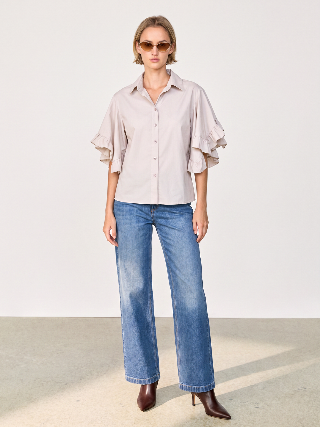 PANAMA RUFFLED FLARE-SLEEVE button down  COTTON BLOUSE
