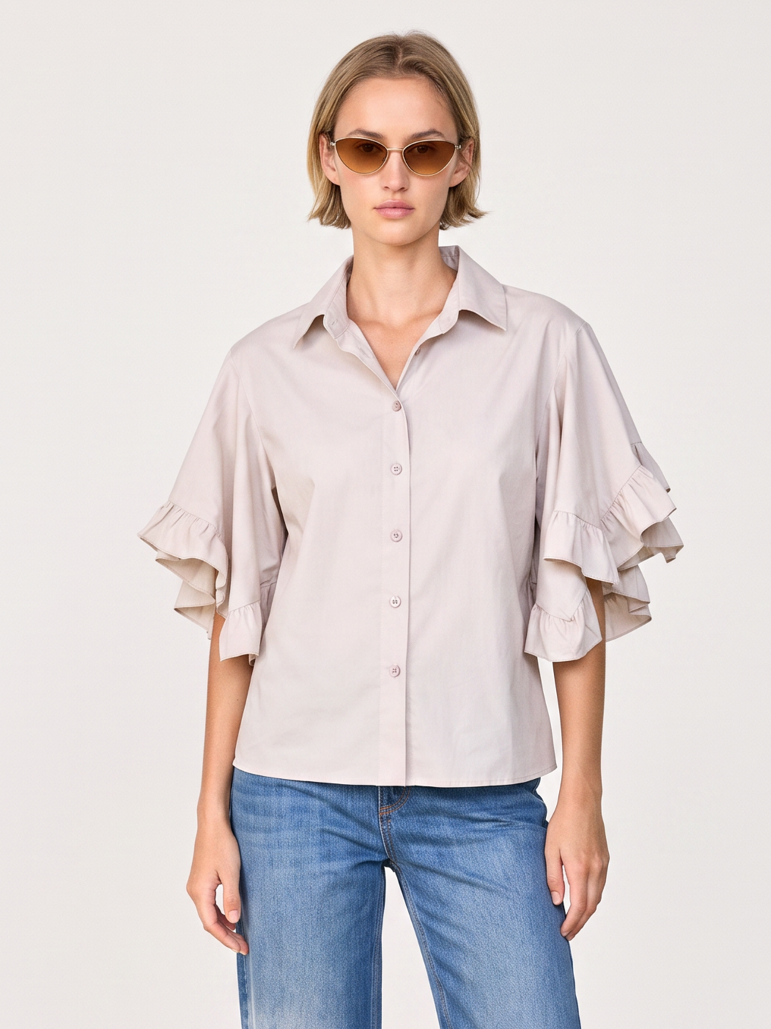 PANAMA RUFFLED FLARE-SLEEVE button down  COTTON BLOUSE