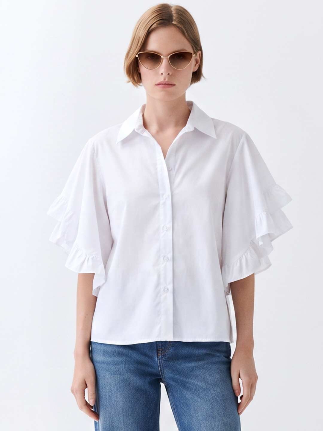 PANAMA RUFFLED FLARE-SLEEVE button down  COTTON BLOUSE