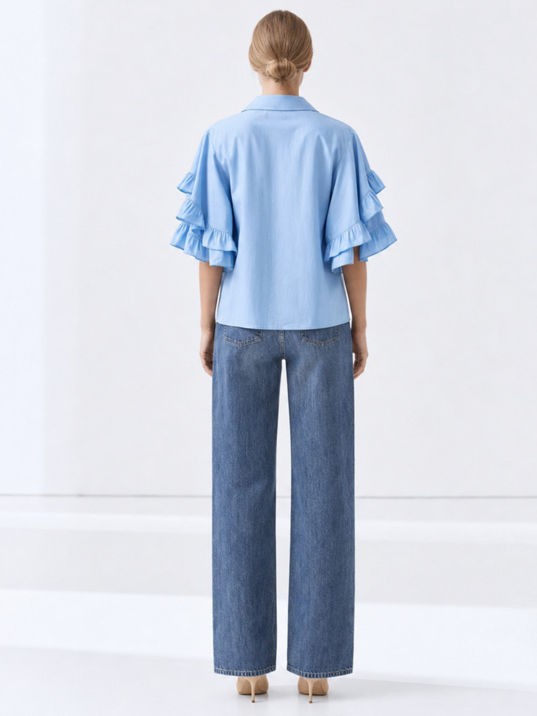 PANAMA RUFFLED FLARE-SLEEVE button down  COTTON BLOUSE