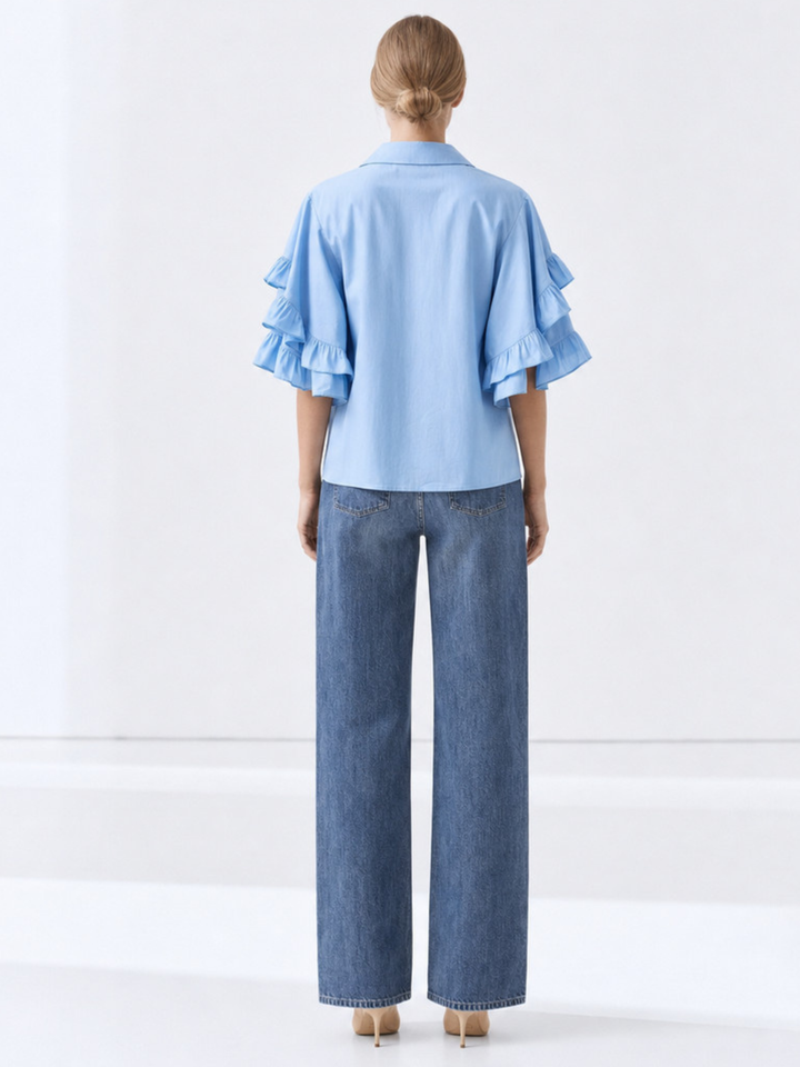 PANAMA RUFFLED FLARE-SLEEVE button down  COTTON BLOUSE