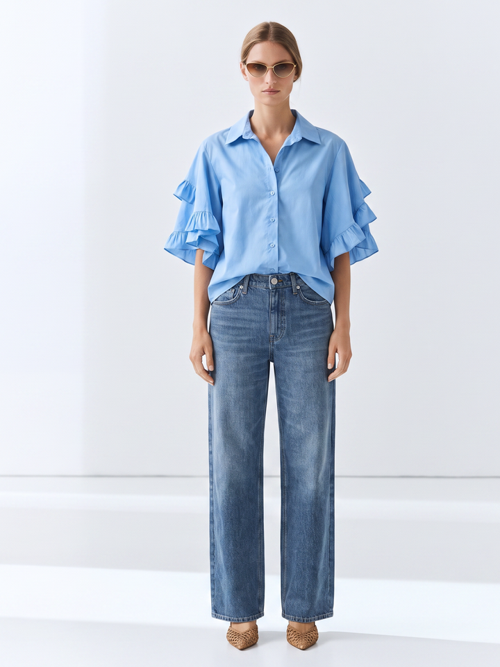 PANAMA RUFFLED FLARE-SLEEVE button down  COTTON BLOUSE