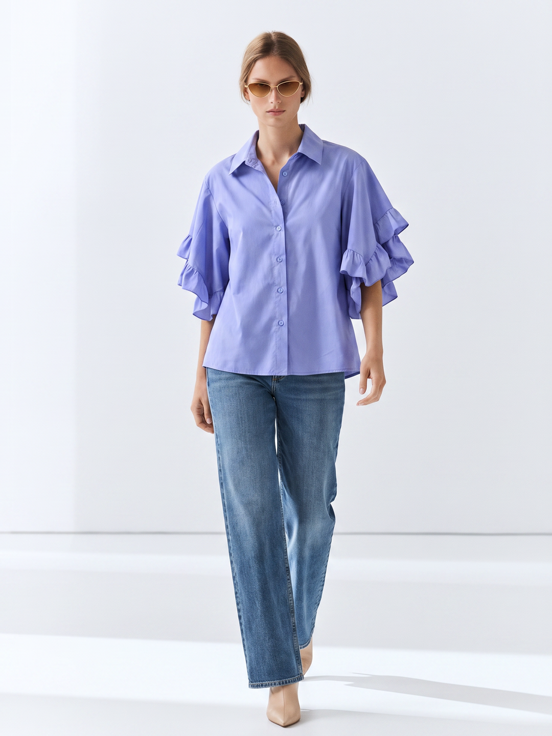 PANAMA RUFFLED FLARE-SLEEVE button down  COTTON BLOUSE