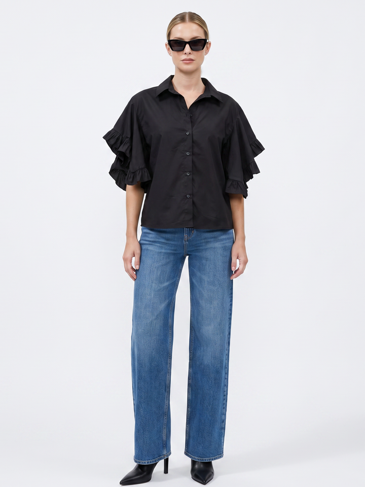 PANAMA RUFFLED FLARE-SLEEVE button down  COTTON BLOUSE