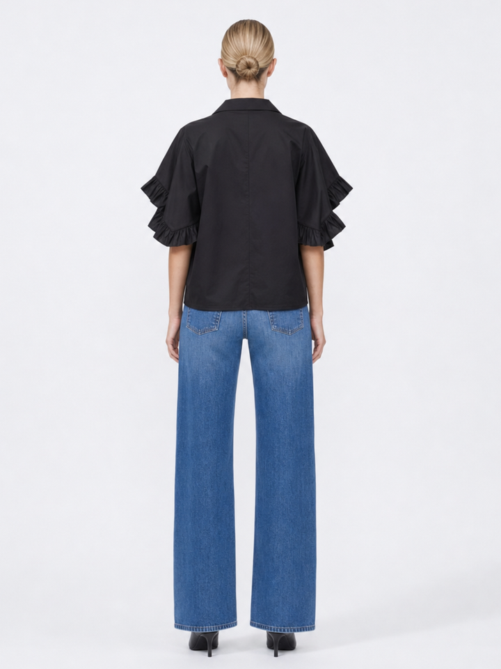 PANAMA RUFFLED FLARE-SLEEVE button down  COTTON BLOUSE