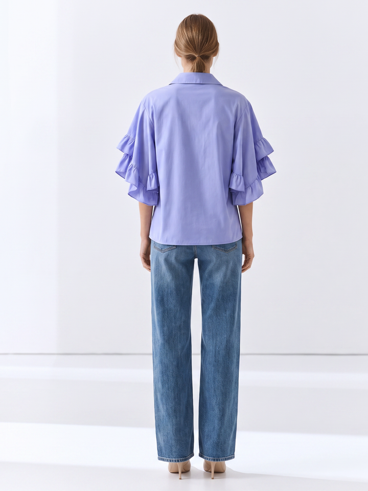 PANAMA RUFFLED FLARE-SLEEVE button down  COTTON BLOUSE