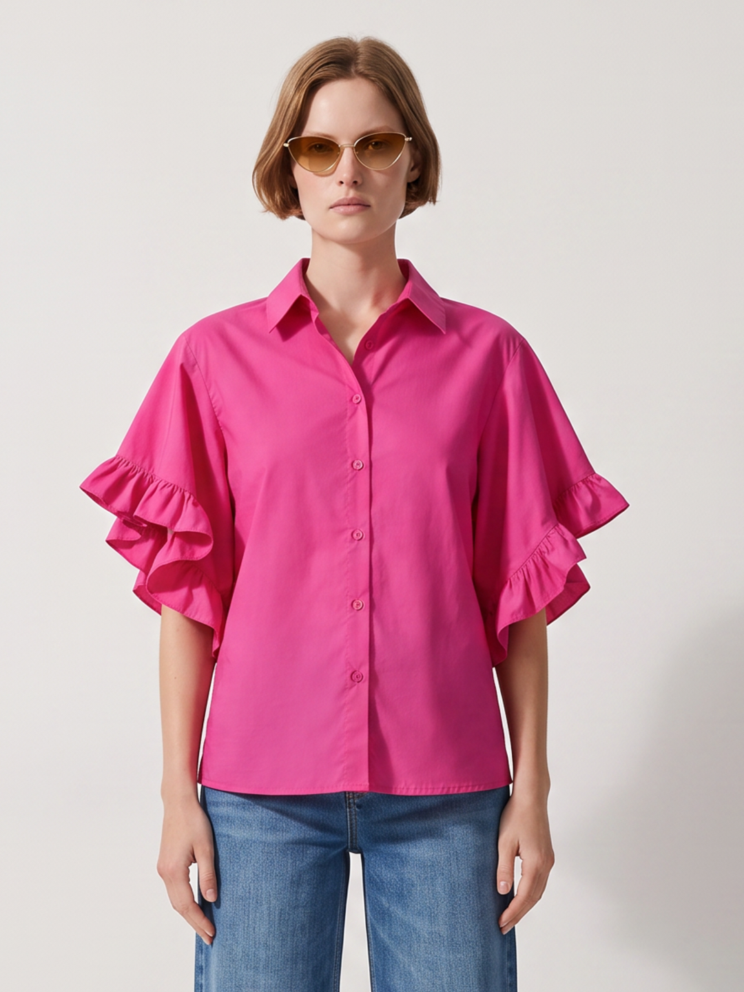 PANAMA RUFFLED FLARE-SLEEVE button down  COTTON BLOUSE