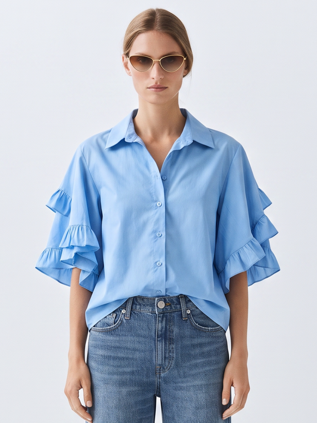 PANAMA RUFFLED FLARE-SLEEVE button down  COTTON BLOUSE