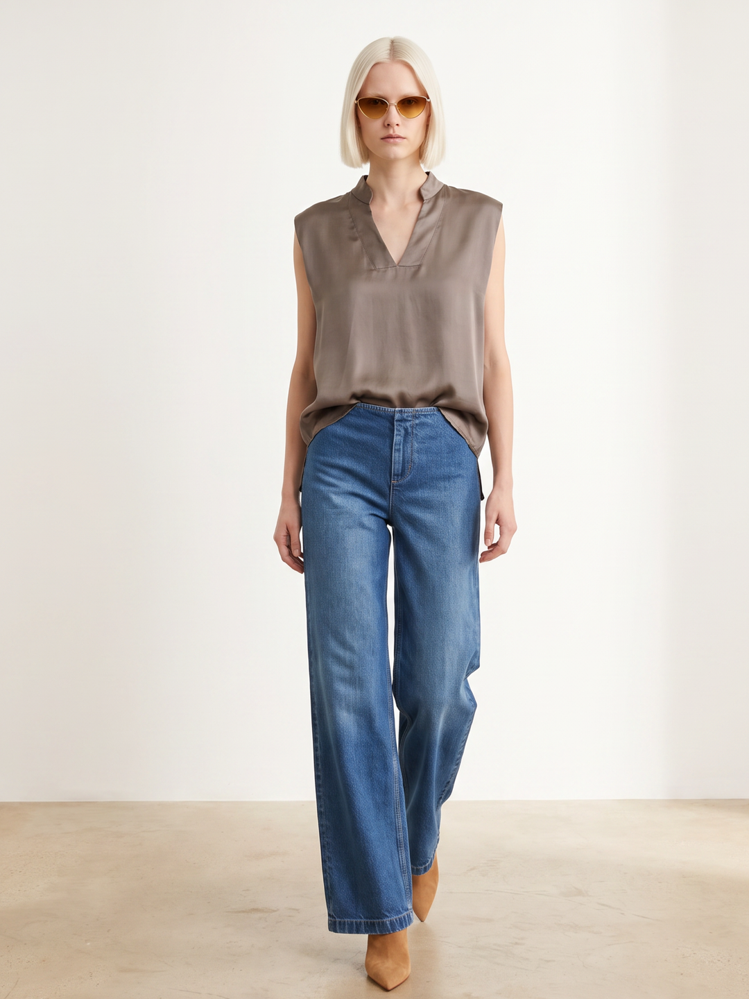 DANA Sleeveless Satin V-Neck Blouse – Relaxed Fit Satin Top