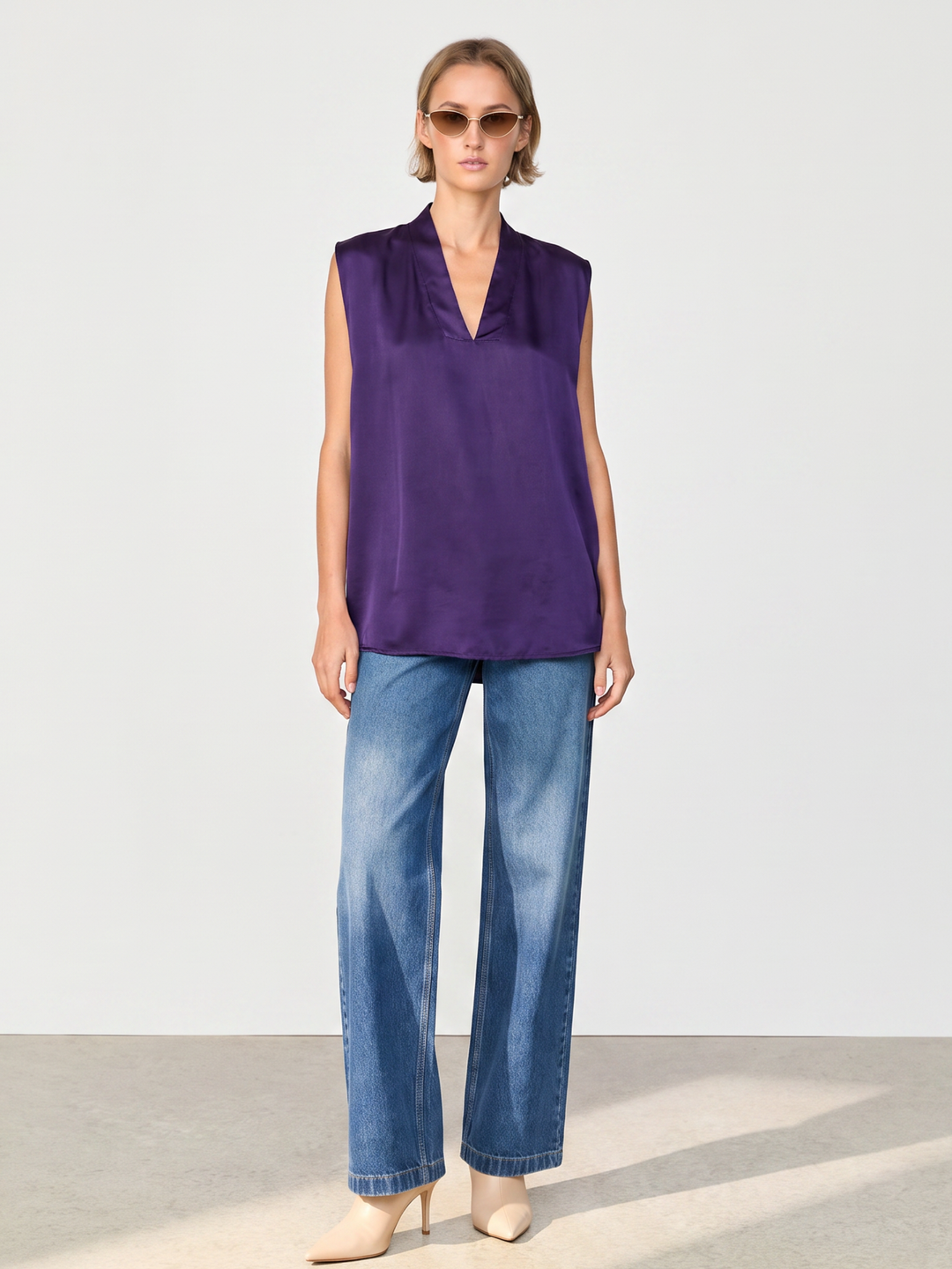 DANA Sleeveless Satin V-Neck Blouse – Relaxed Fit Satin Top
