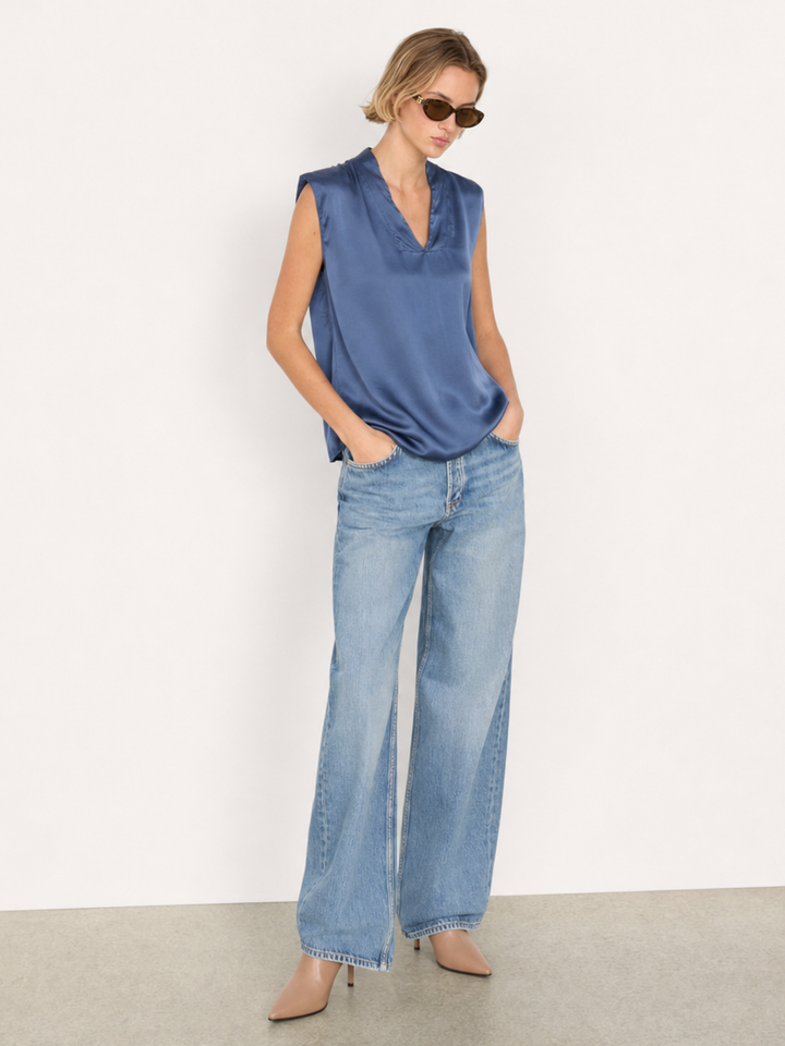 DANA Sleeveless Satin V-Neck Blouse – Relaxed Fit Satin Top