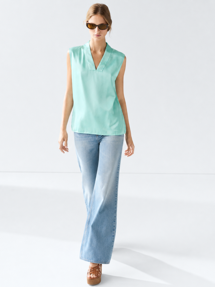 DANA Sleeveless Satin V-Neck Blouse – Relaxed Fit Satin Top