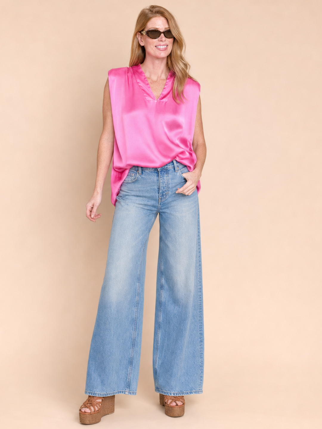 DANA Sleeveless Satin V-Neck Blouse – Relaxed Fit Satin Top
