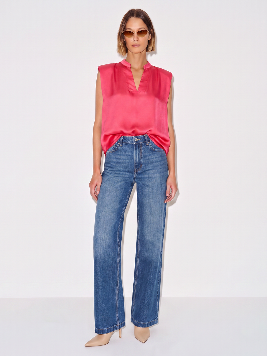 DANA Sleeveless Satin V-Neck Blouse – Relaxed Fit Satin Top