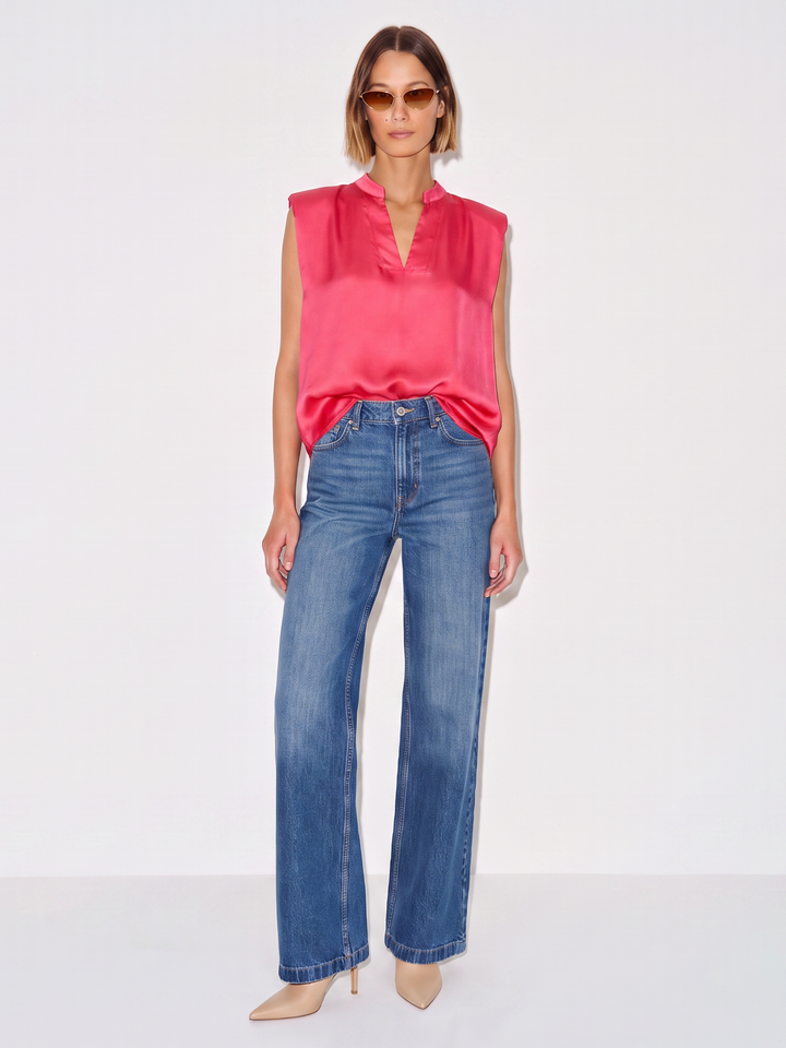 DANA Sleeveless Satin V-Neck Blouse – Relaxed Fit Satin Top