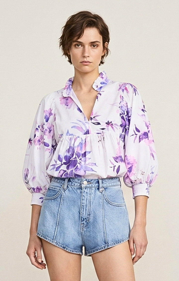 Faye Floral Puff-Sleeve Blouse