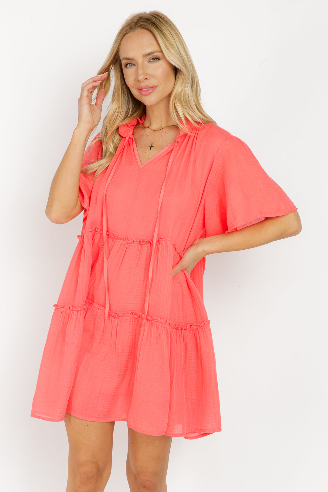 INGRID FLUTTERED SLEEVE TIERED MINI DRESS