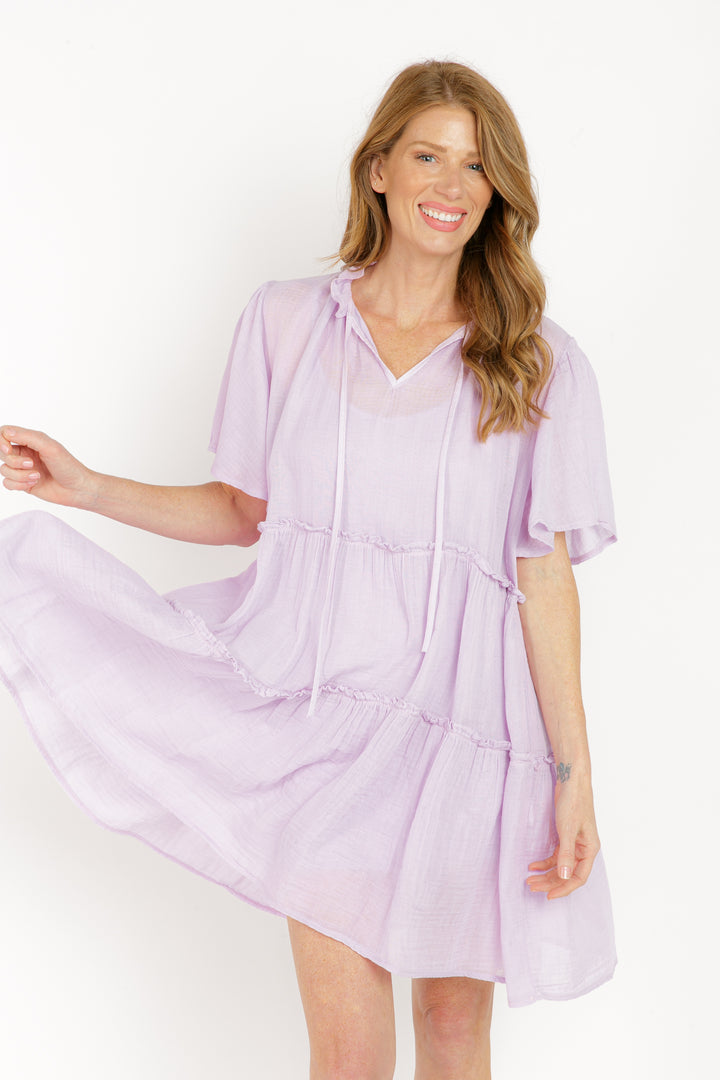 INGRID FLUTTERED SLEEVE TIERED MINI DRESS