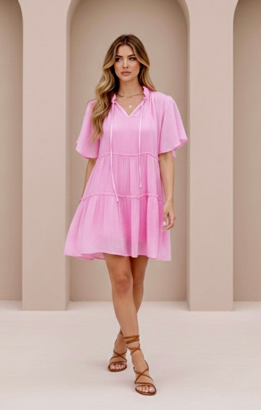 INGRID FLUTTERED SLEEVE TIERED MINI DRESS