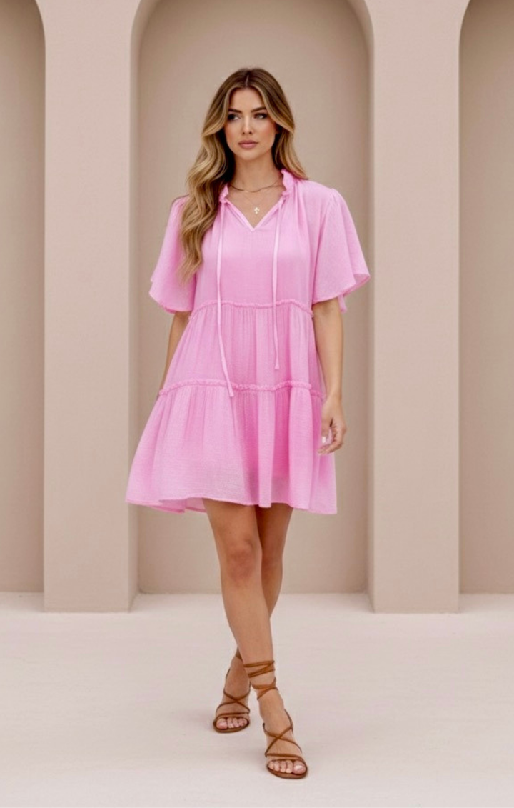 INGRID FLUTTERED SLEEVE TIERED MINI DRESS