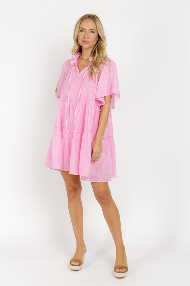 INGRID FLUTTERED SLEEVE TIERED MINI DRESS