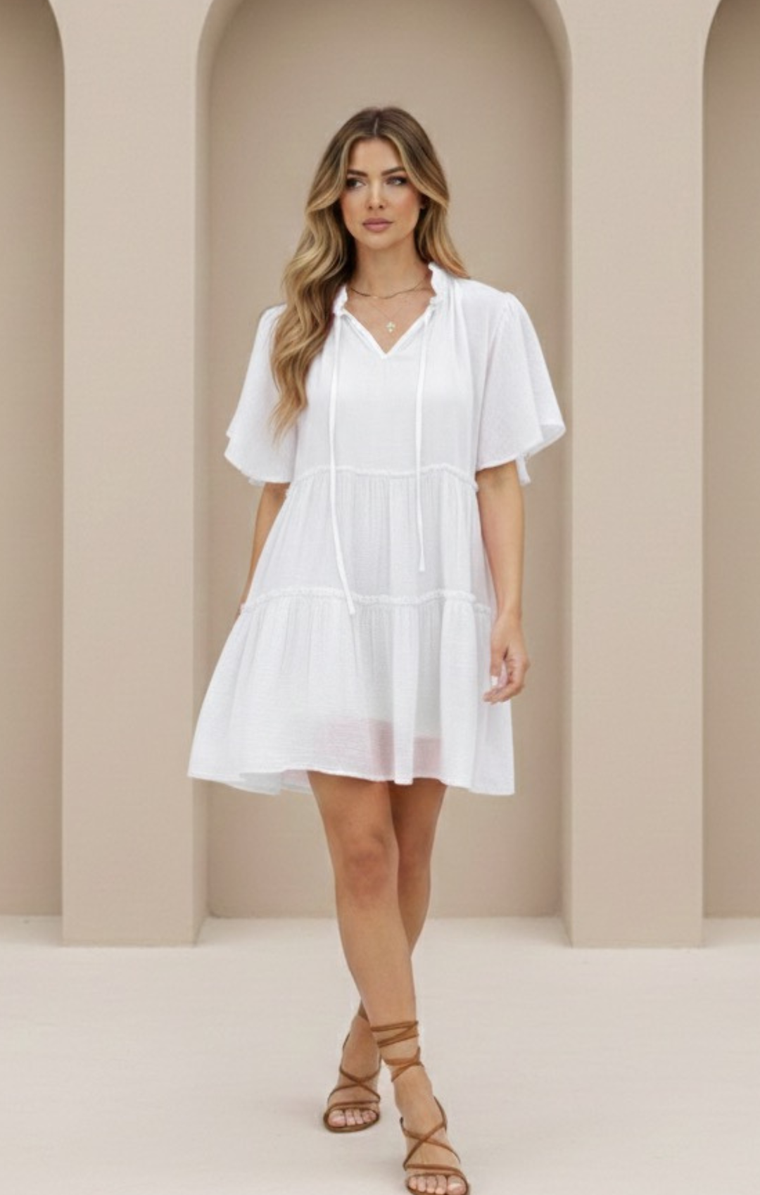 INGRID FLUTTERED SLEEVE TIERED MINI DRESS