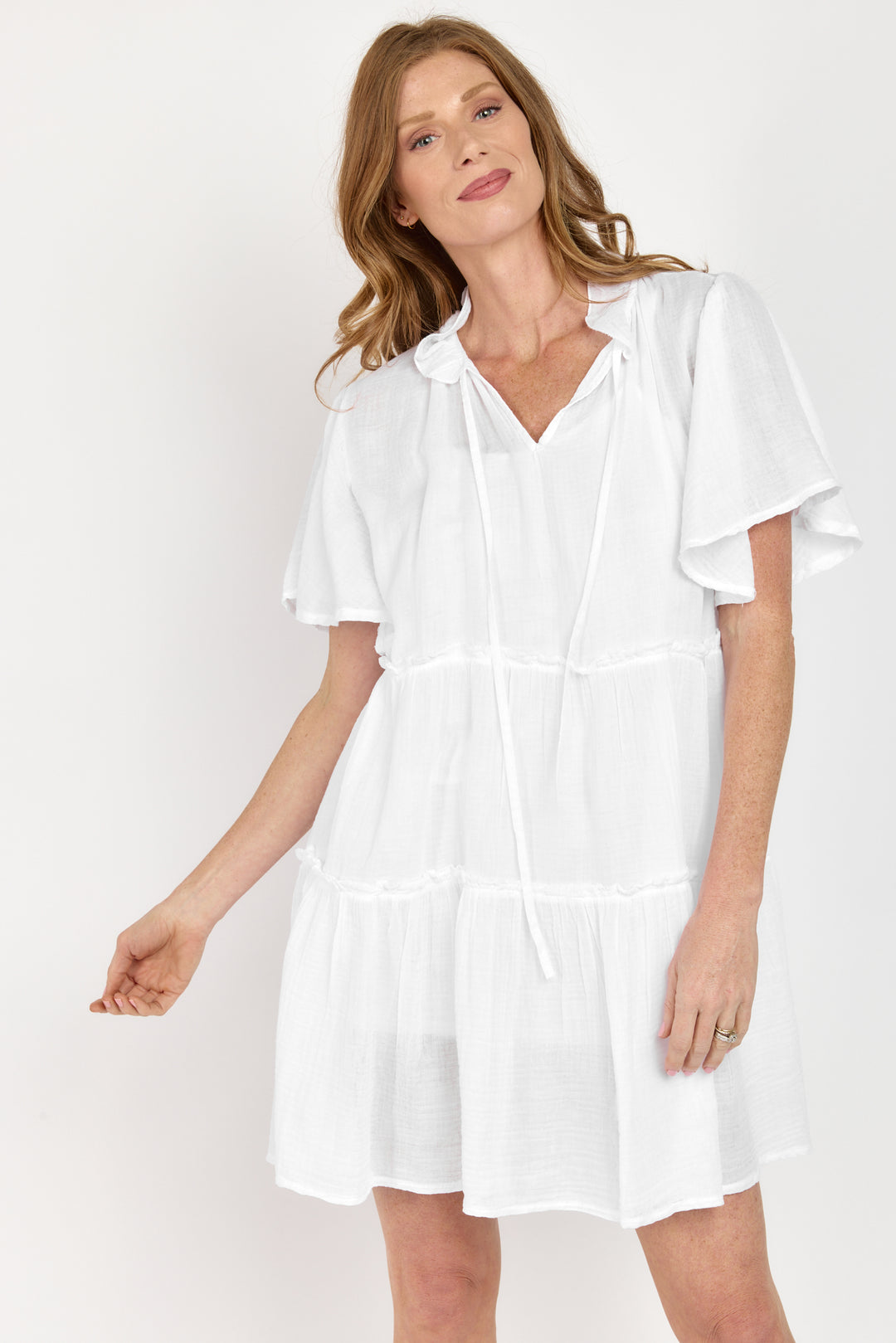 INGRID FLUTTERED SLEEVE TIERED MINI DRESS