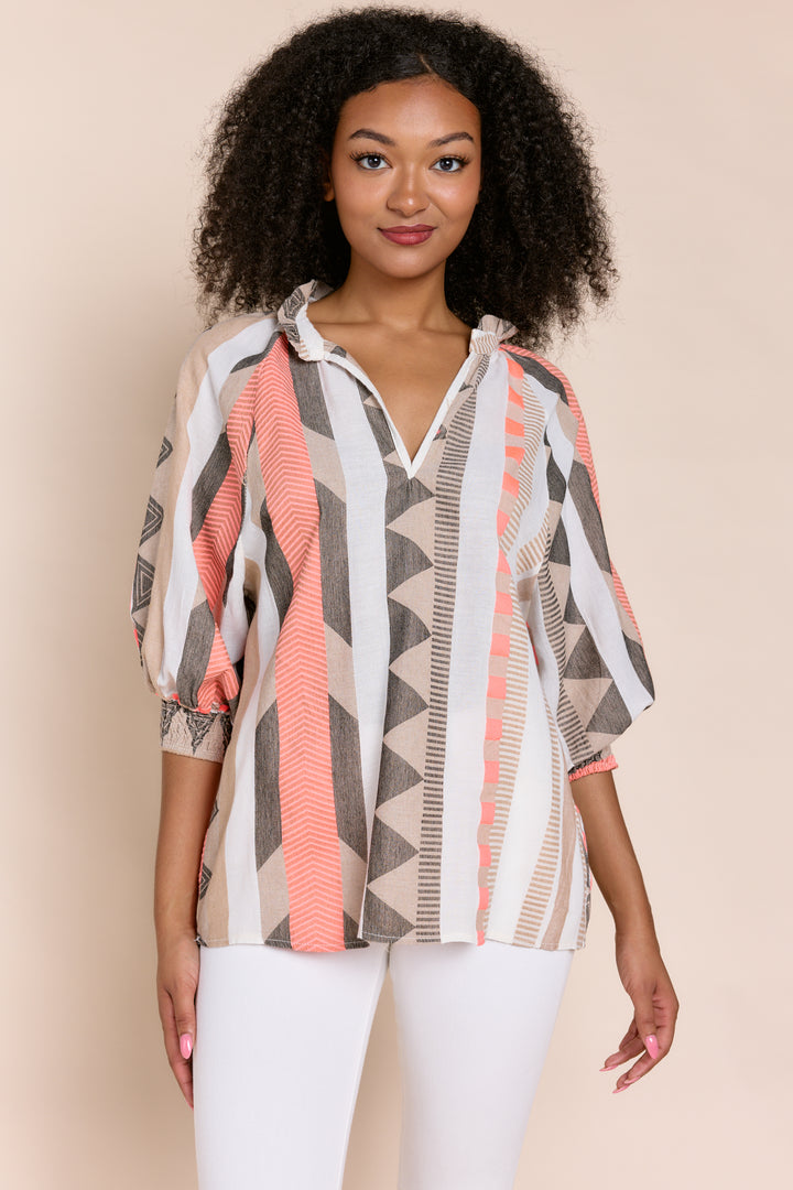 Juliette  Coastal Chic Embroidered Linen-Blend Blouse