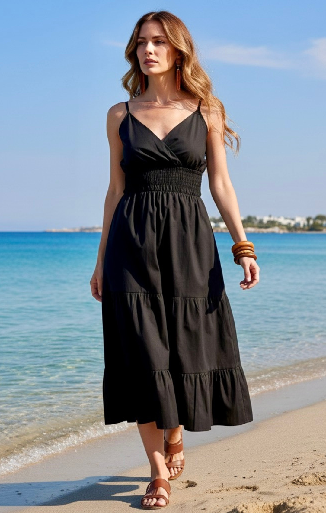 Lucille Effortless Smocked Waist  Tiered Skirt Chic Midi Dress