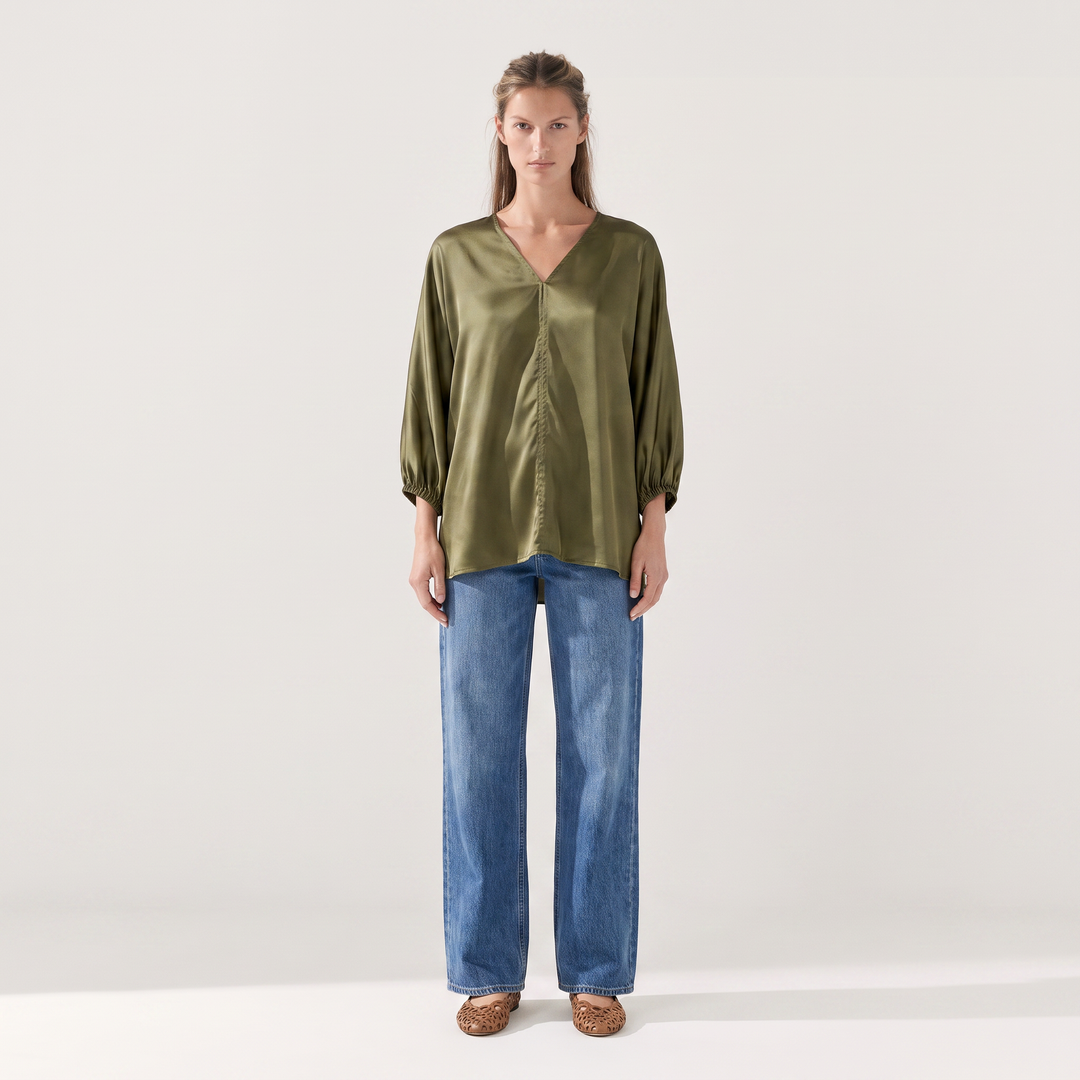Nicolette Satin Gathered V-Neck Blouse | Balloon Sleeve Top