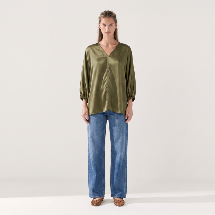 Nicolette Satin Gathered V-Neck Blouse | Balloon Sleeve Top