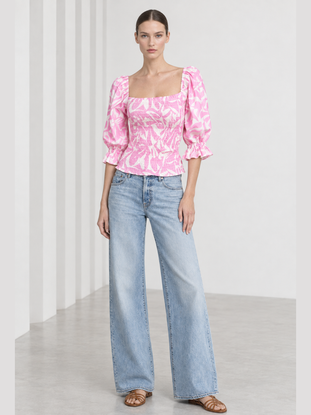 Tulip Smocked Abstract Print Puff Sleeve Top