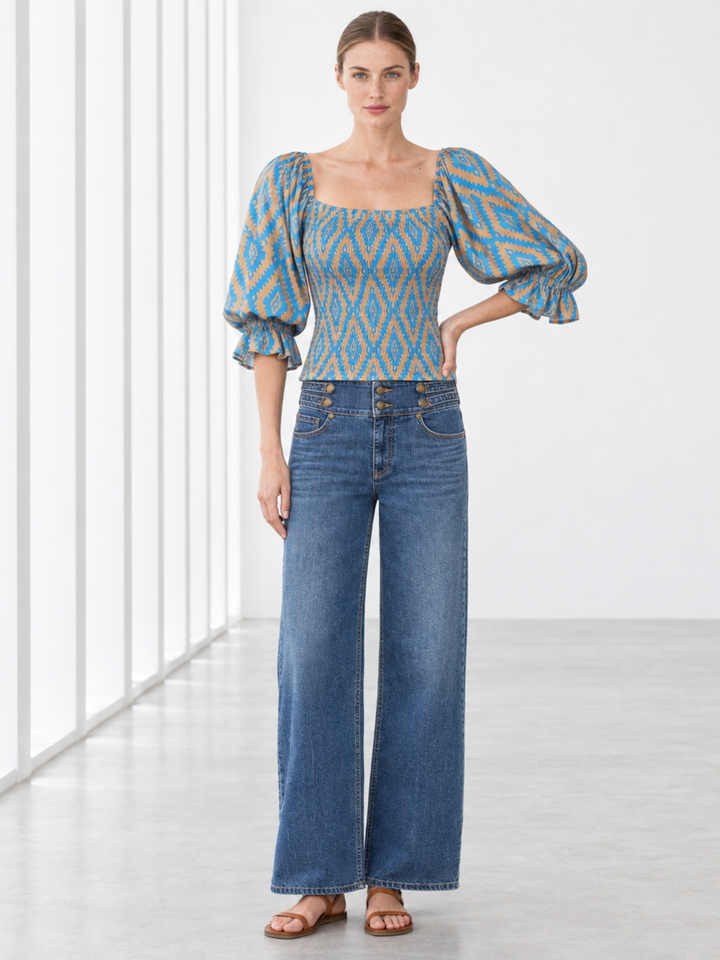 Tulip Smocked Abstract Print Puff Sleeve Top