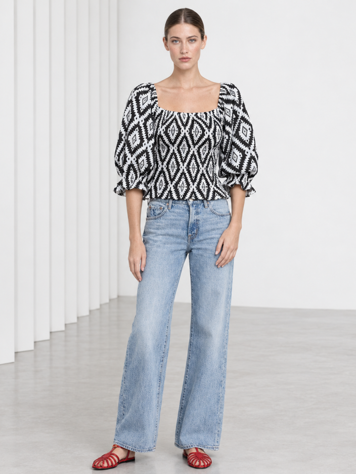 Tulip Smocked Abstract Print Puff Sleeve Top