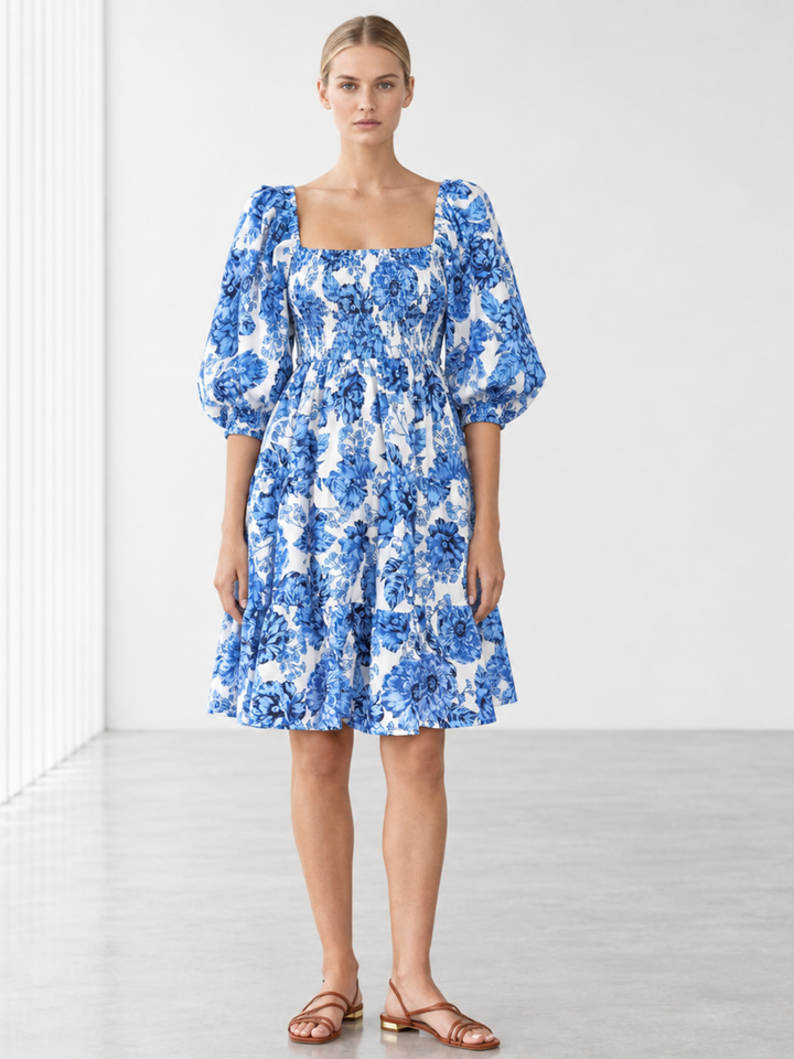 Zina Puffed-Sleeve Smocked Cotton Dress