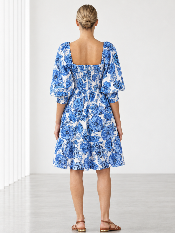 Zina Puffed-Sleeve Smocked Cotton Dress