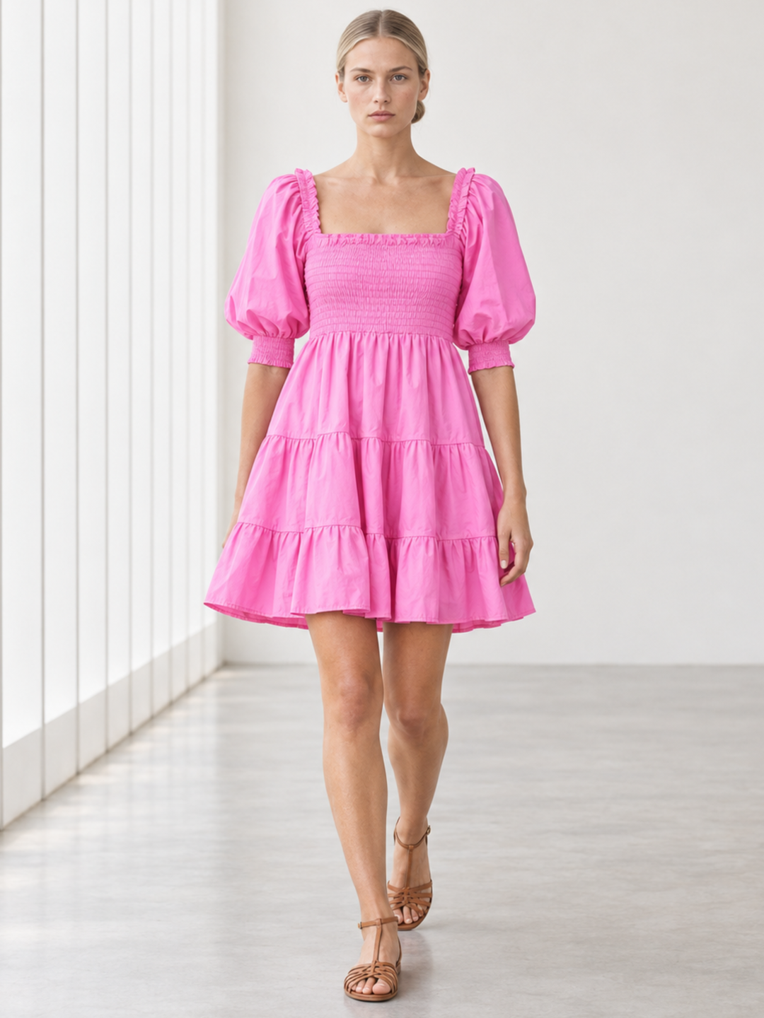 Zina Puffed-Sleeve Smocked Cotton Dress