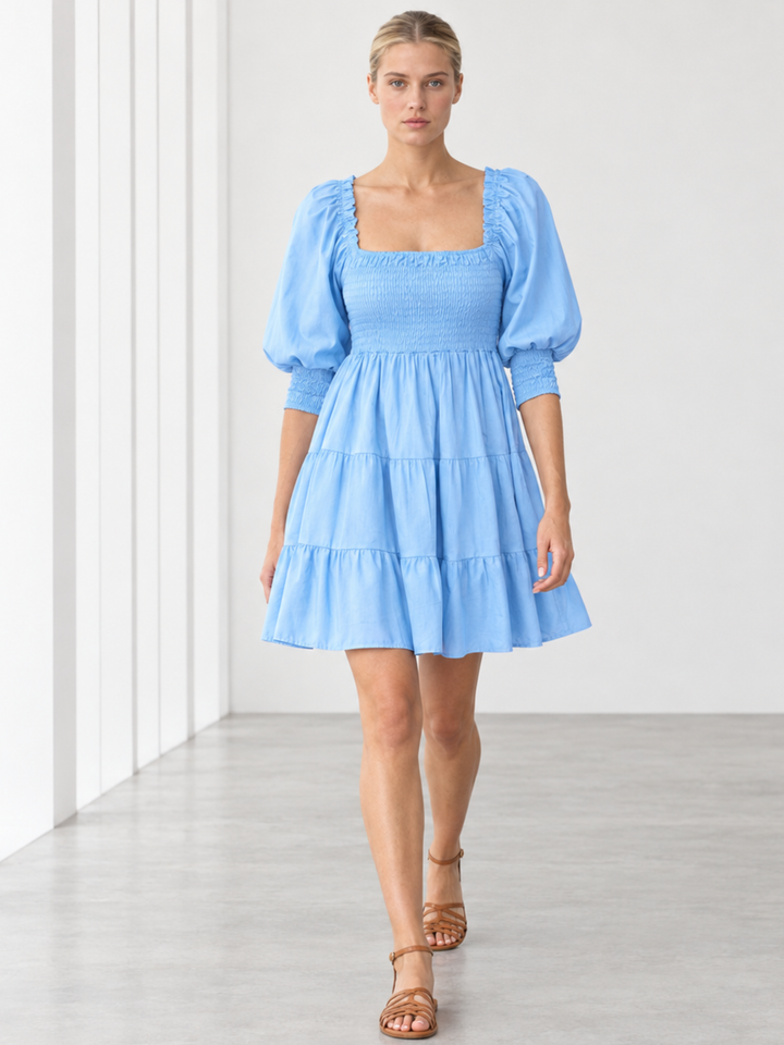 Zina Puffed-Sleeve Smocked Cotton Dress