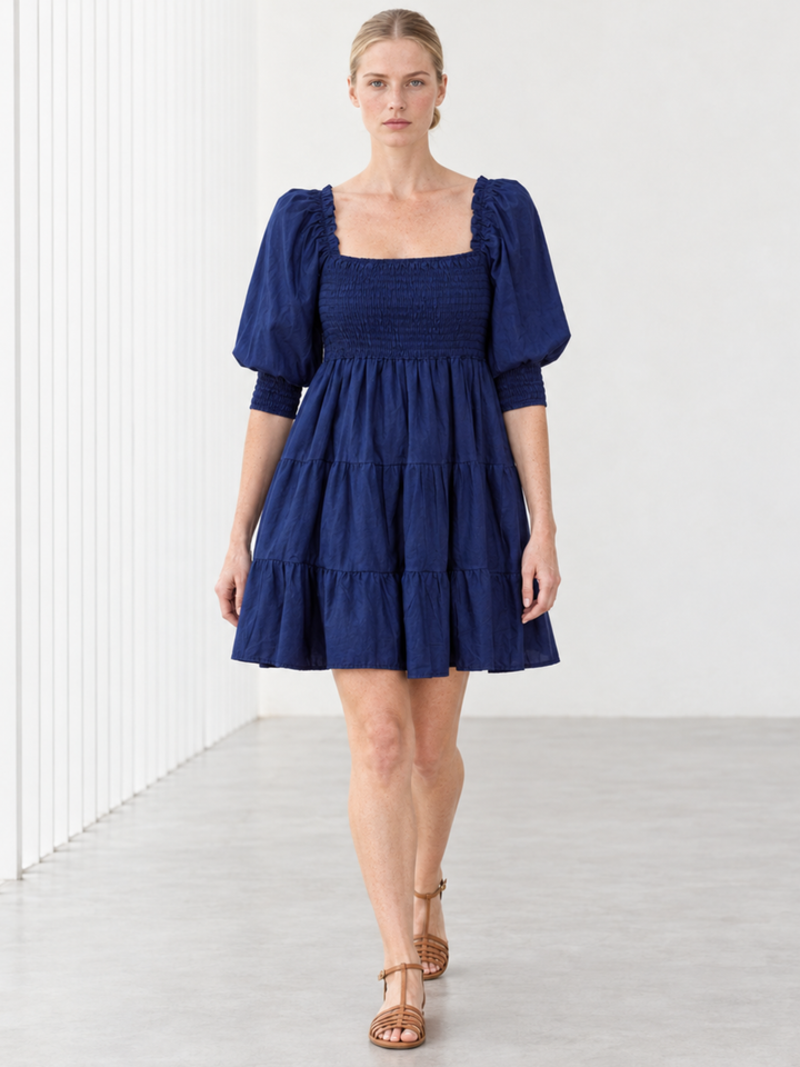 Zina Puffed-Sleeve Smocked Cotton Dress
