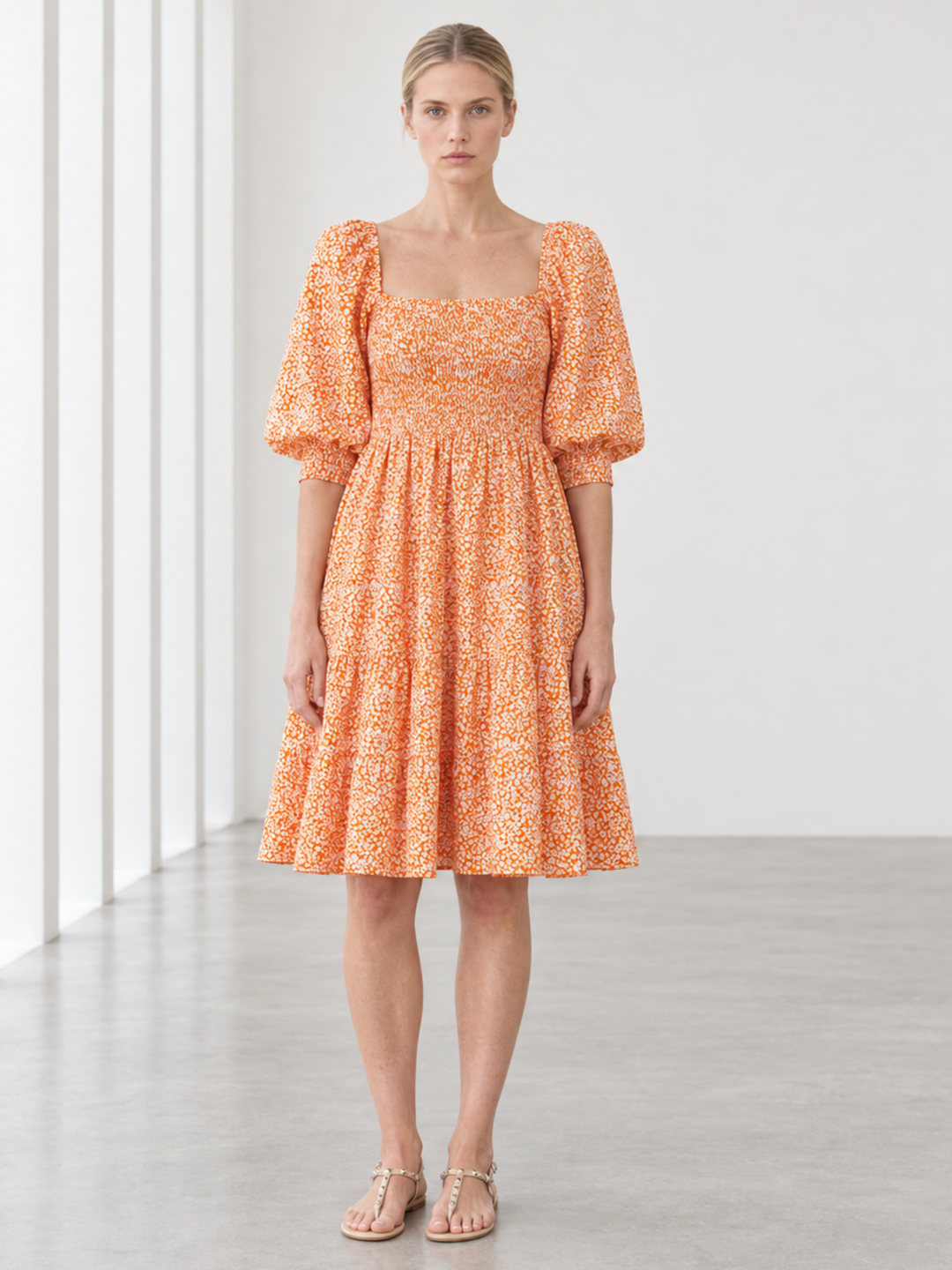 Zina Puffed-Sleeve Smocked Cotton Dress
