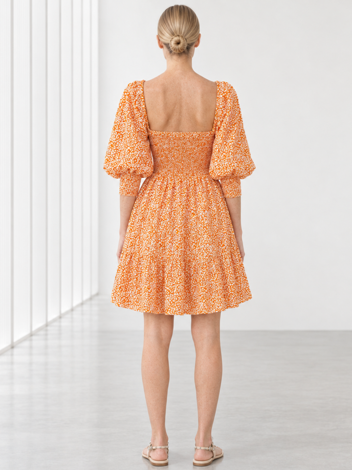 Zina Puffed-Sleeve Smocked Cotton Dress