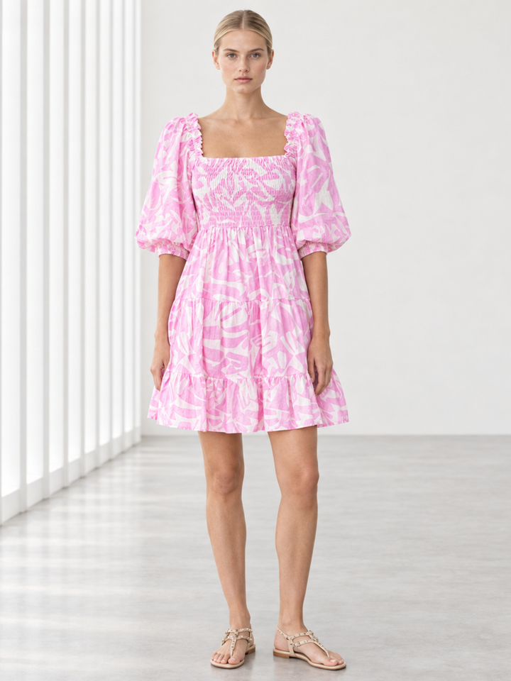 Zina Puffed-Sleeve Smocked Cotton Dress