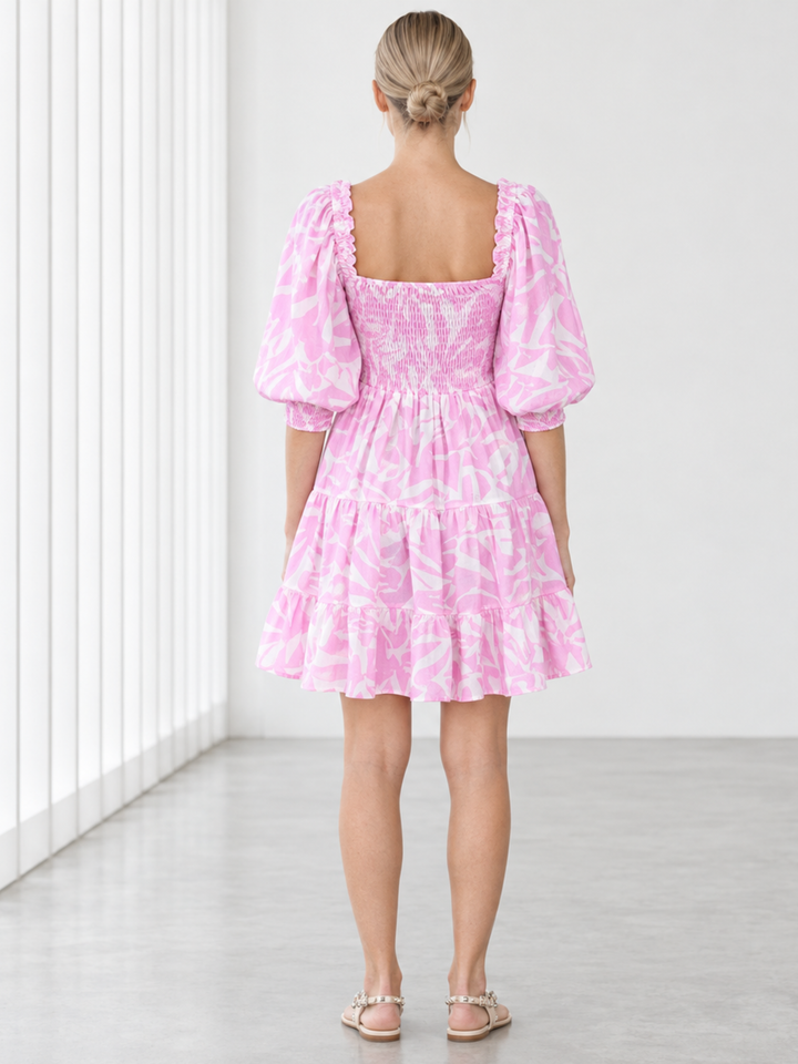 Zina Puffed-Sleeve Smocked Cotton Dress